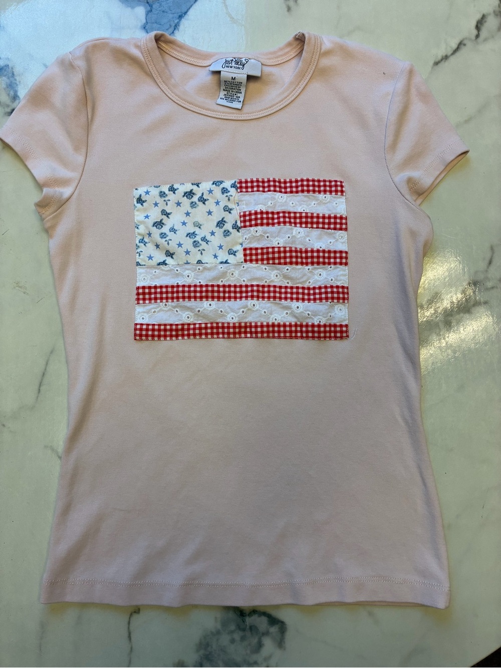 Princess Polly Light Pink Short Sleeve Tee with Red, White & Blue Flag Patch